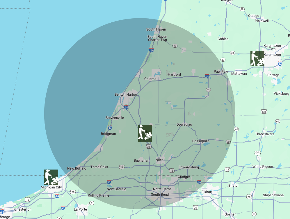 Map of Elite Haulerz Moving radius from South Haven, MI to New Buffalo, MI to South Bend, IN and to Paw Paw, MI