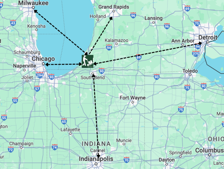 A Map of our long distance moving from SW Michigan to Soutbend, IN and Chicago, IL